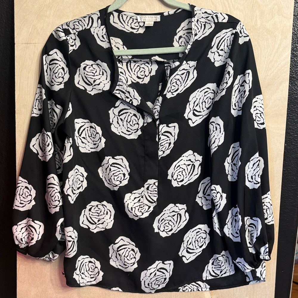 Women's Black Rose Print Blouse - Elegant Long Sleeve Top